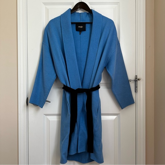 MAJE Oversized Dropped Shoulders Wool Coat with Contras Black Belt Size US4 Fall - Picture 2 of 16